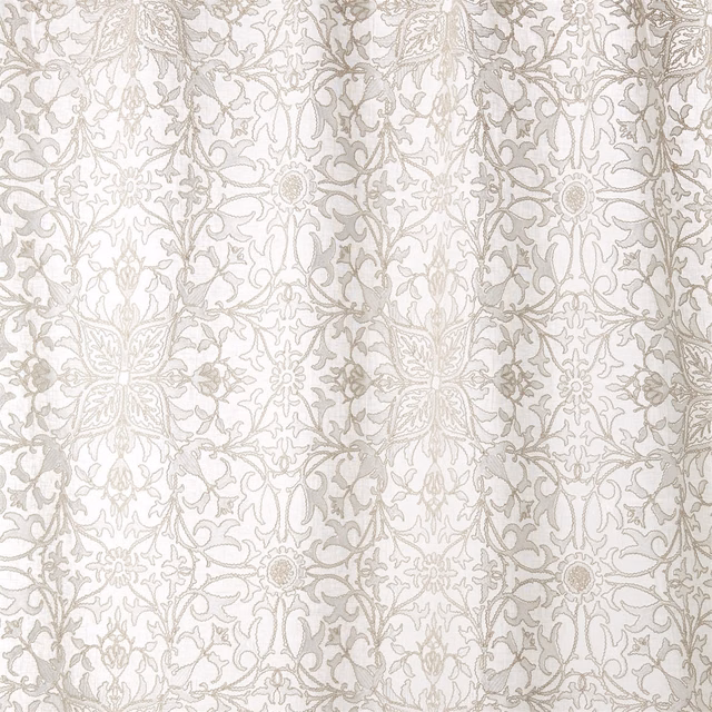 Paper white embroidered net with pale grey scrolling florals, leaves and rosettes