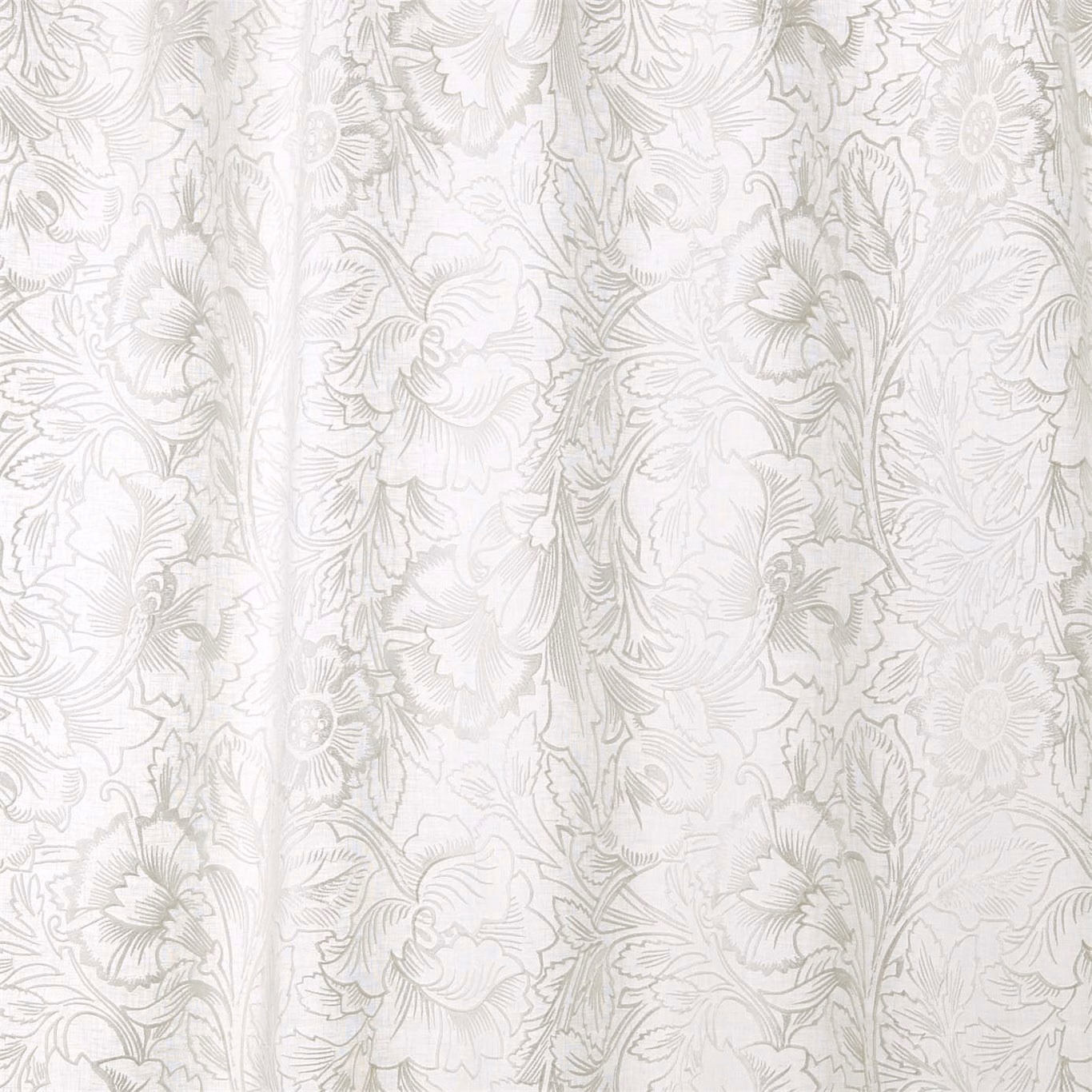 Paper-white floral embroidery with pale grey poppy heads, leaves and trailing stems
