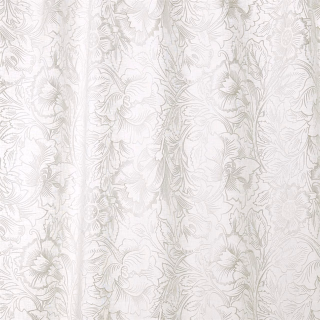 Paper-white floral embroidery with pale grey poppy heads, leaves and trailing stems