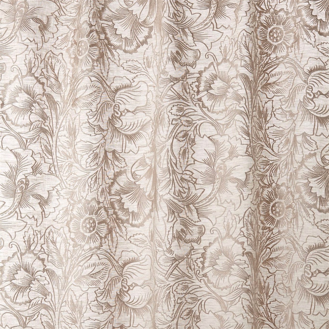 Pebble taupe floral embroidery with dense scrolling stems over a softly textured ground
