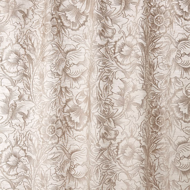 Pebble taupe floral embroidery with dense scrolling stems over a softly textured ground