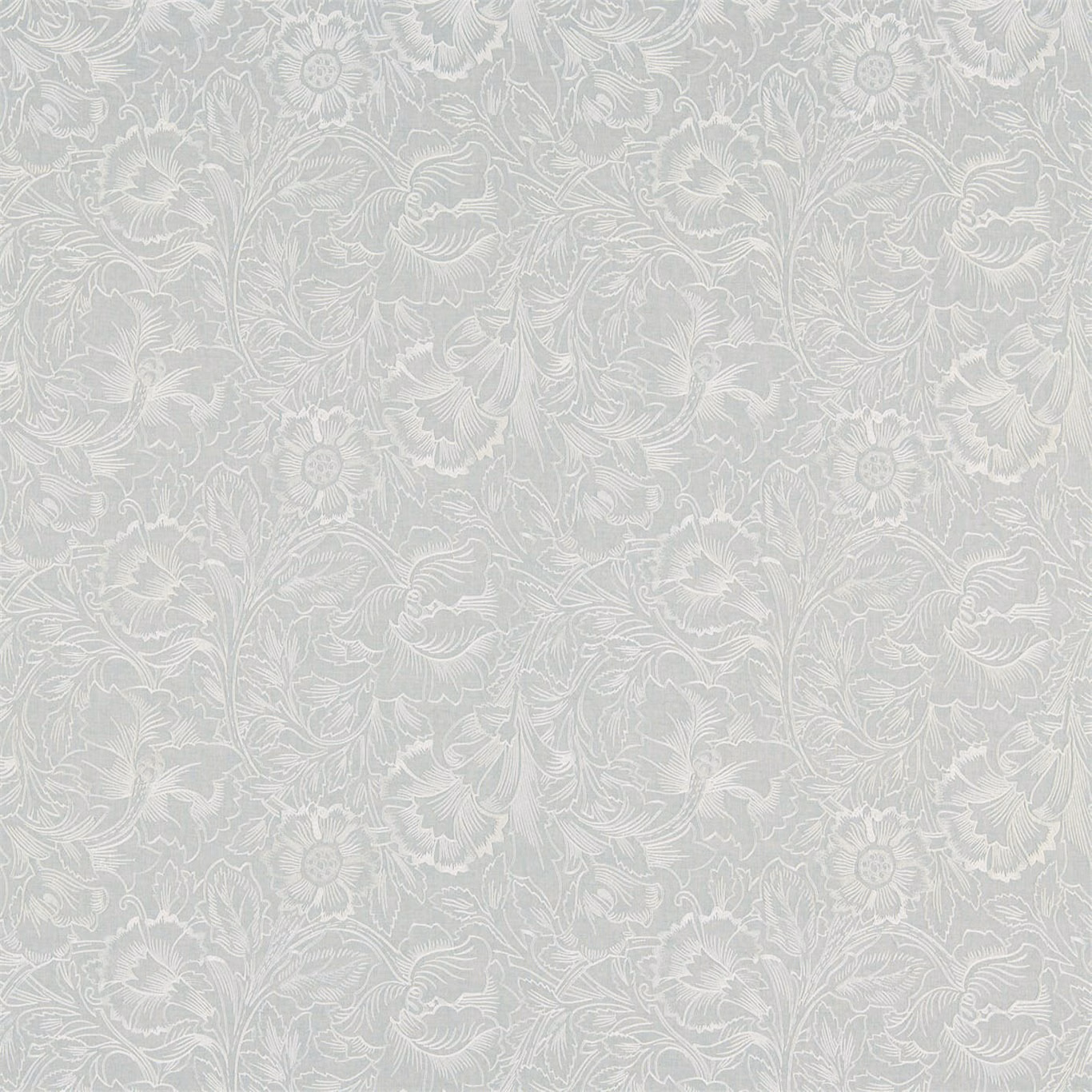 Pale wild mint fabric with white embroidered poppies, leaves and curling stems