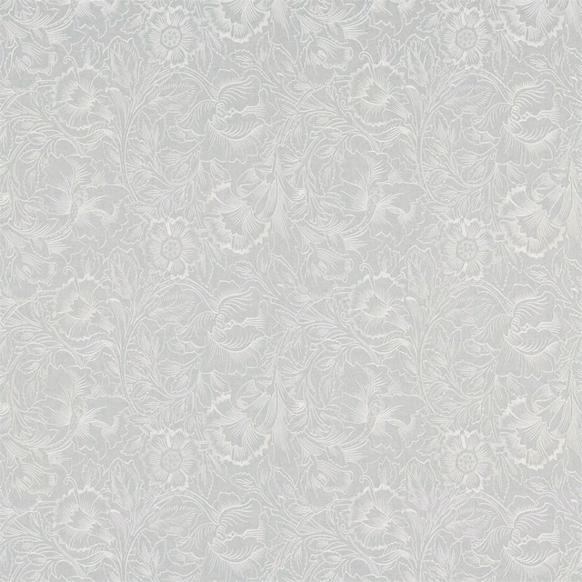 Pale wild mint fabric with white embroidered poppies, leaves and curling stems