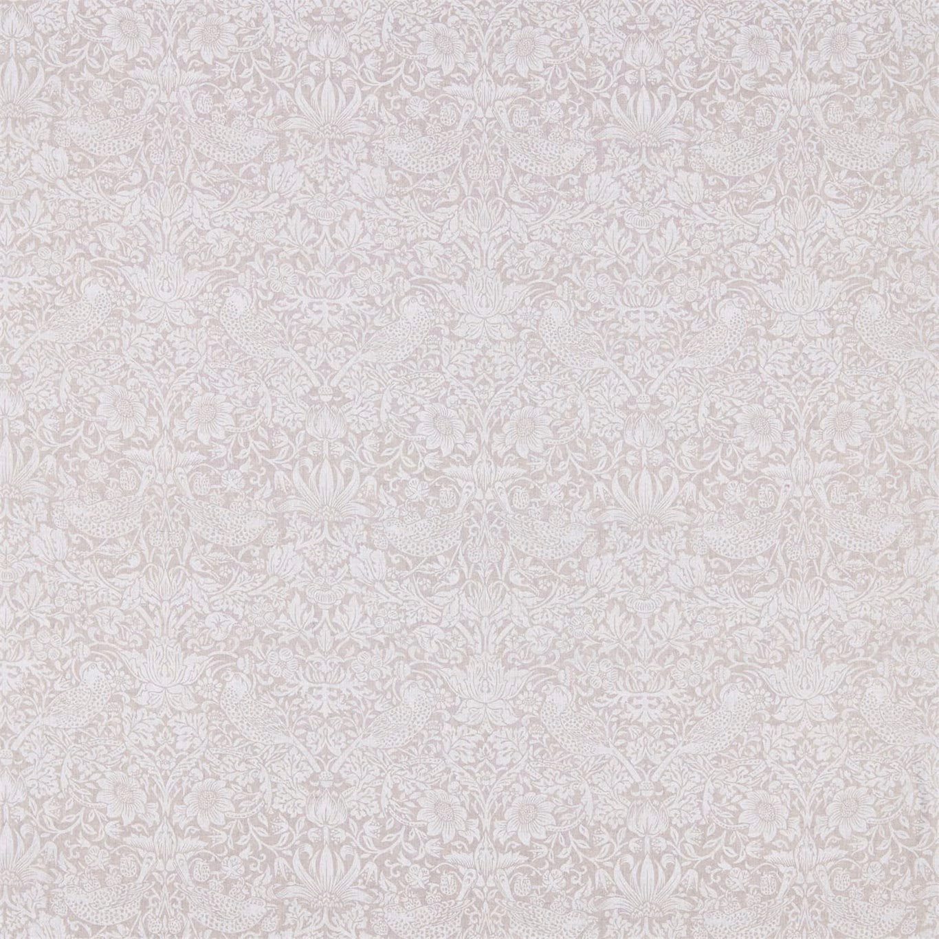 Pale dove-grey Strawberry Thief fabric with fine cream birds, flowers and scrolling foliage