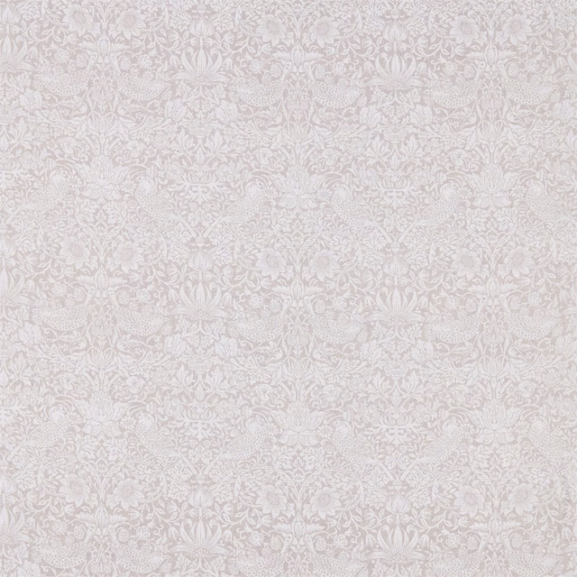 Pale dove-grey Strawberry Thief fabric with fine cream birds, flowers and scrolling foliage