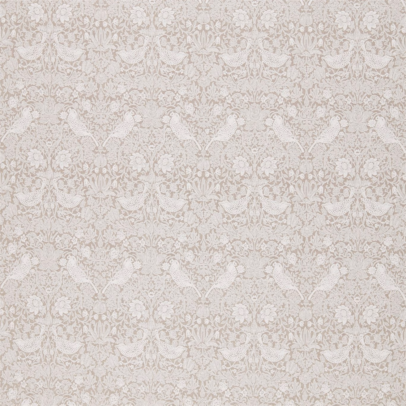 Pale flax-beige fabric with ivory embroidered birds, flowers and trailing foliage