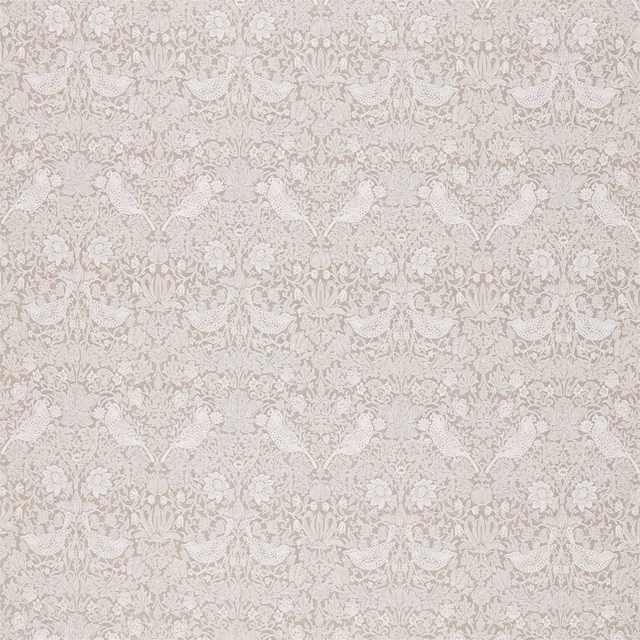 Pale flax-beige fabric with ivory embroidered birds, flowers and trailing foliage