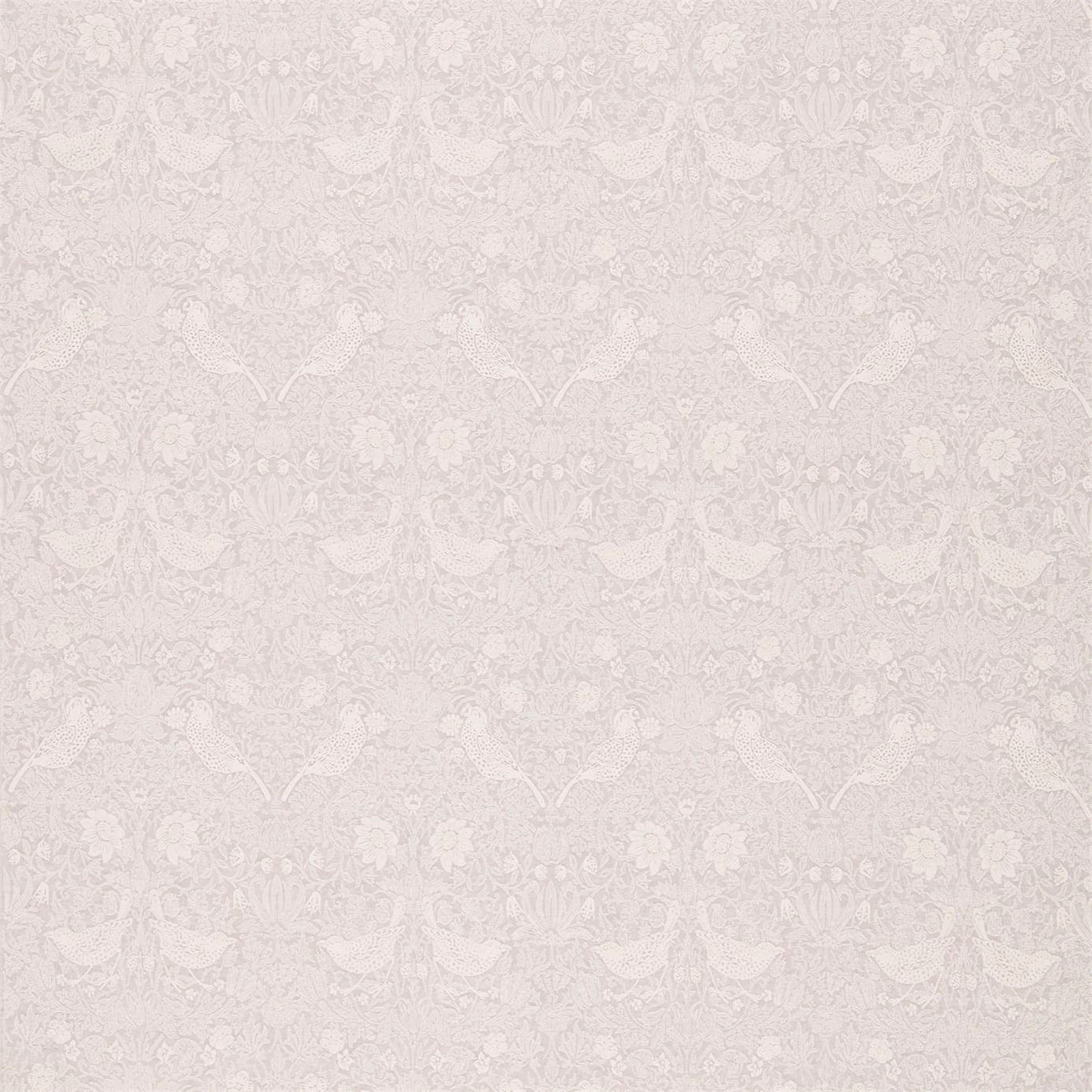 Pale pebble-grey Strawberry Thief fabric with softly raised birds, flowers and foliage