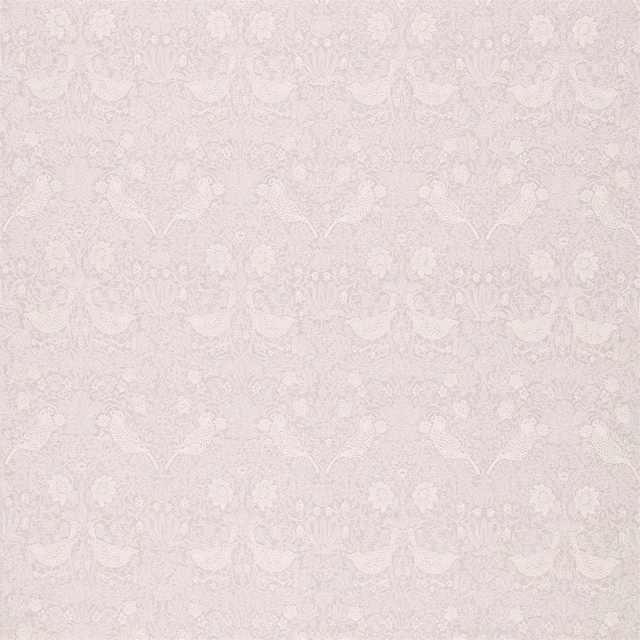 Pale pebble-grey Strawberry Thief fabric with softly raised birds, flowers and foliage