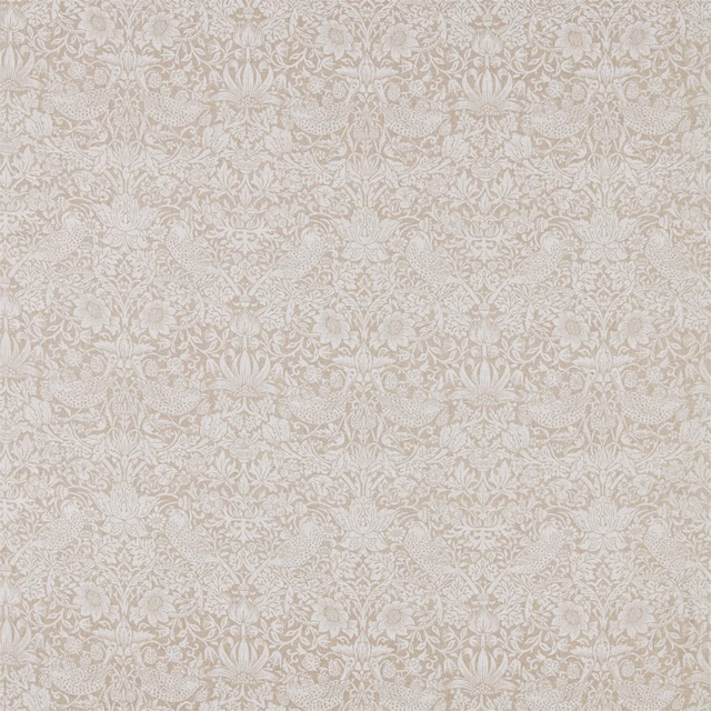 Pale flax beige fabric with ivory birds, flowers and scrolling botanical foliage