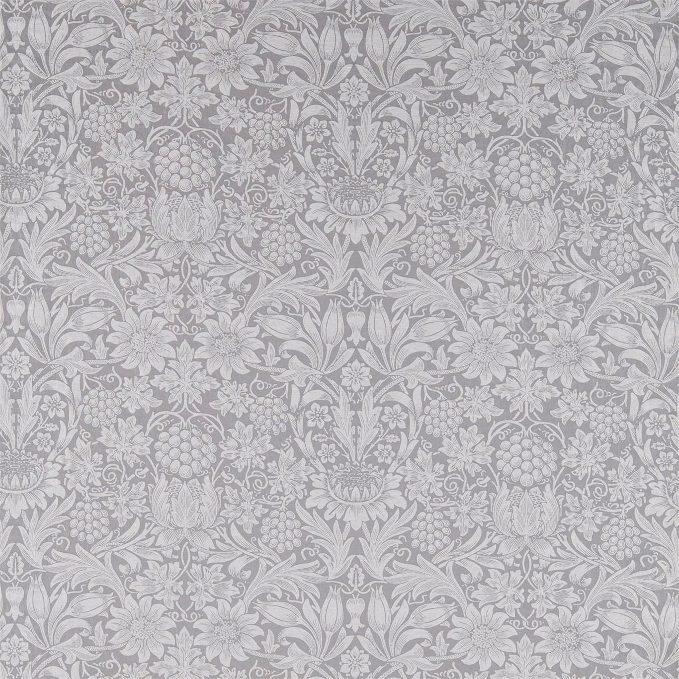 Soft dove-grey textile with pale botanical garlands, pineapples and scrolling leaves