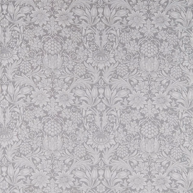 Soft dove-grey textile with pale botanical garlands, pineapples and scrolling leaves