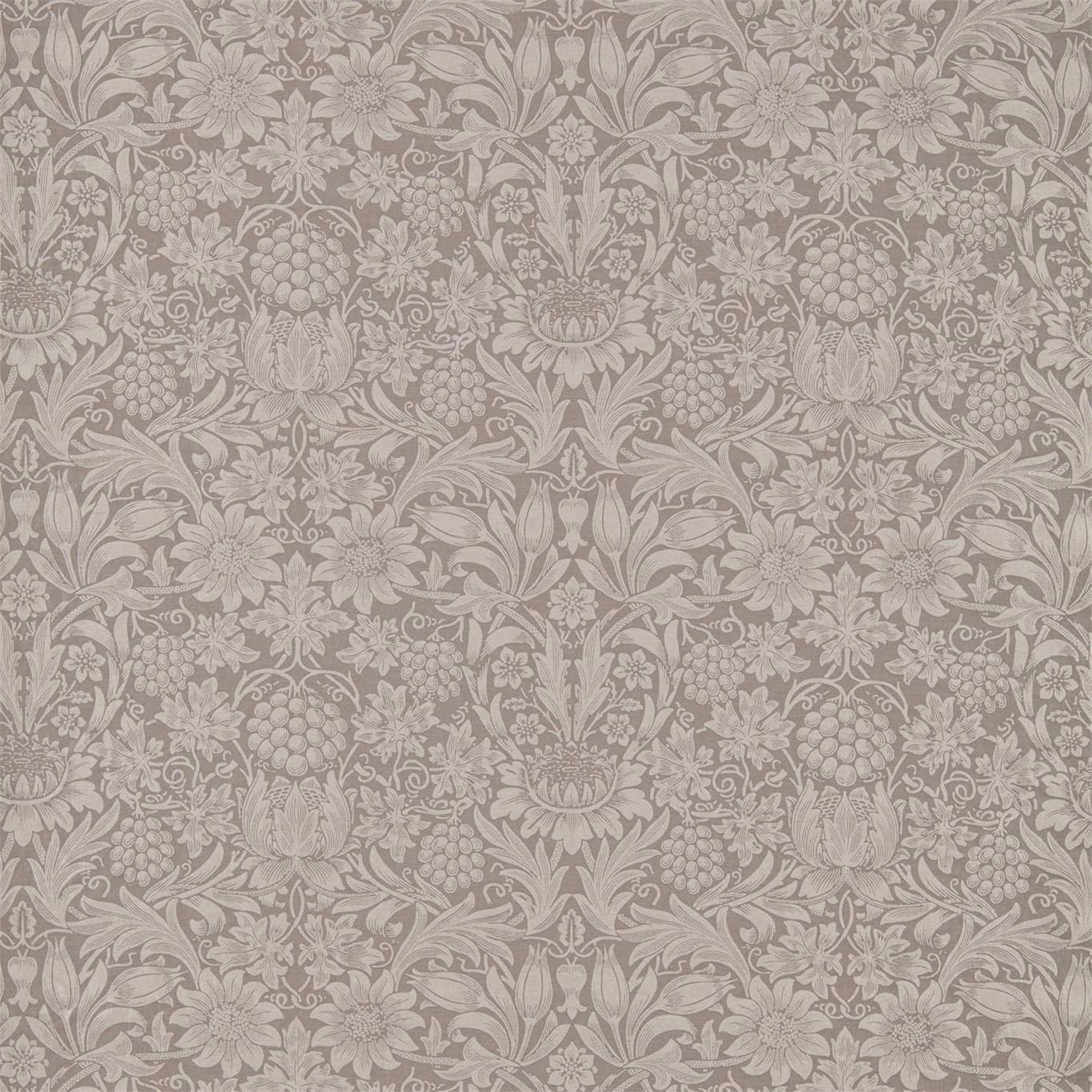 Muted taupe-grey fabric with chalky floral forms and dense scrolling foliage
