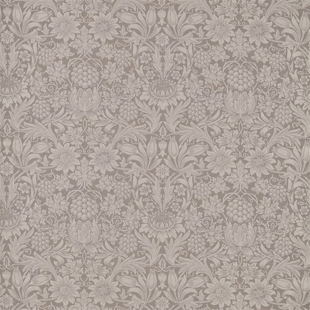 Muted taupe-grey fabric with chalky floral forms and dense scrolling foliage