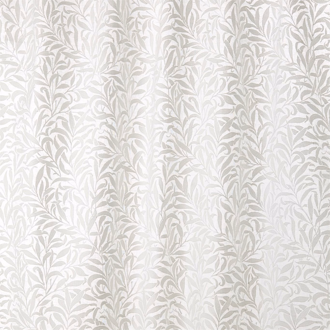 Paper-white embroidered fabric with pale grey overlapping willow branches and leafy stems