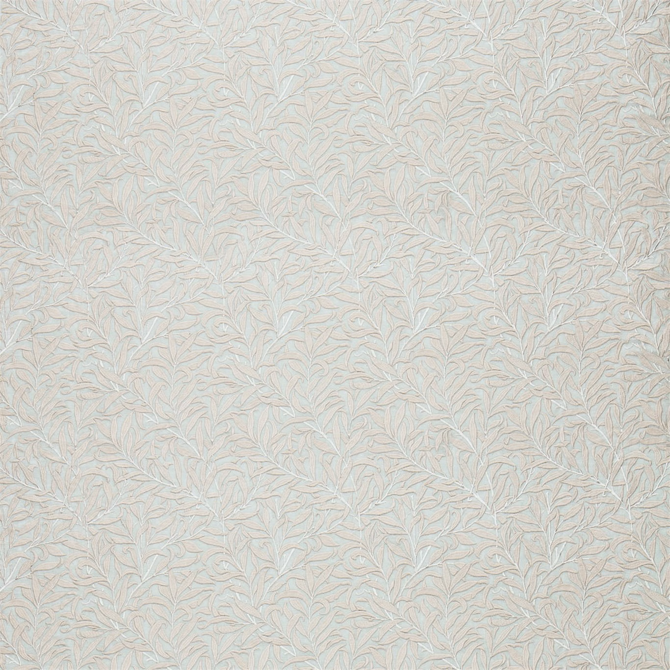Pale cream textile with fine mint embroidered willow boughs and softly raised texture