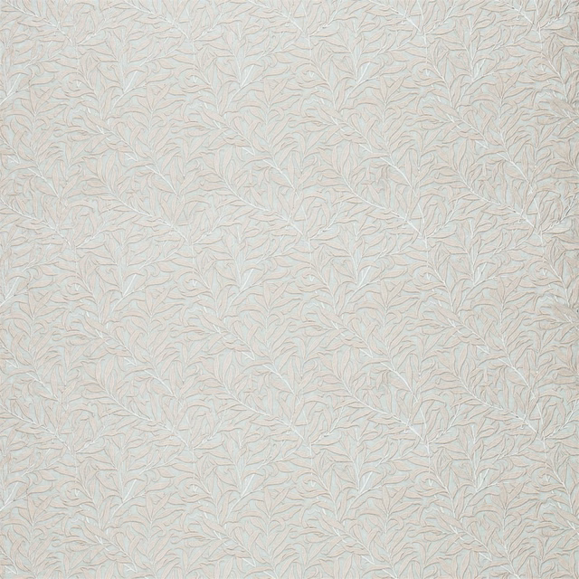 Pale cream textile with fine mint embroidered willow boughs and softly raised texture