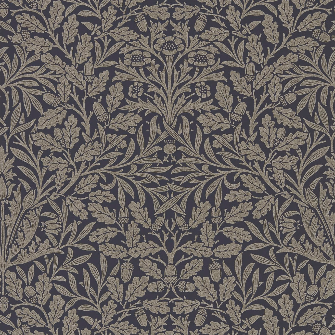 Charcoal wallpaper with muted gilver oak leaves, acorns and curling botanical stems