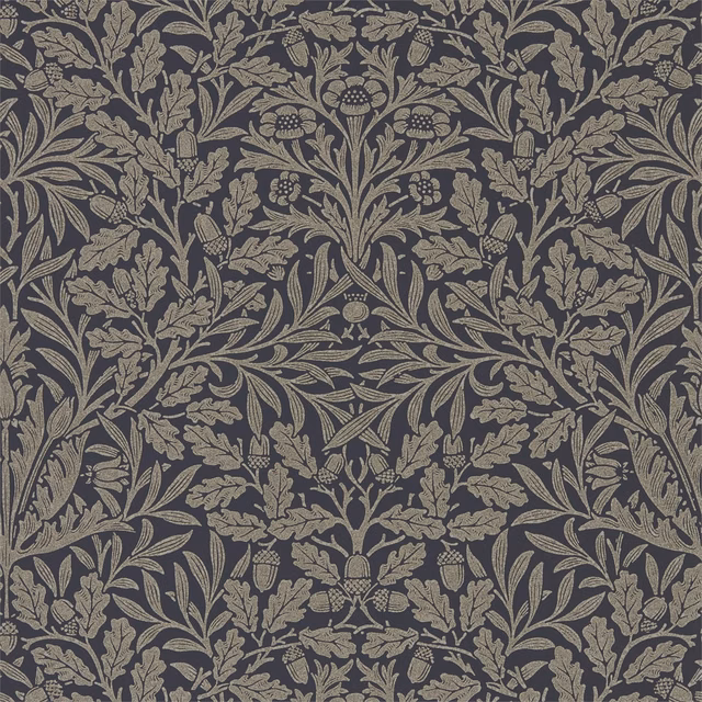 Charcoal wallpaper with muted gilver oak leaves, acorns and curling botanical stems