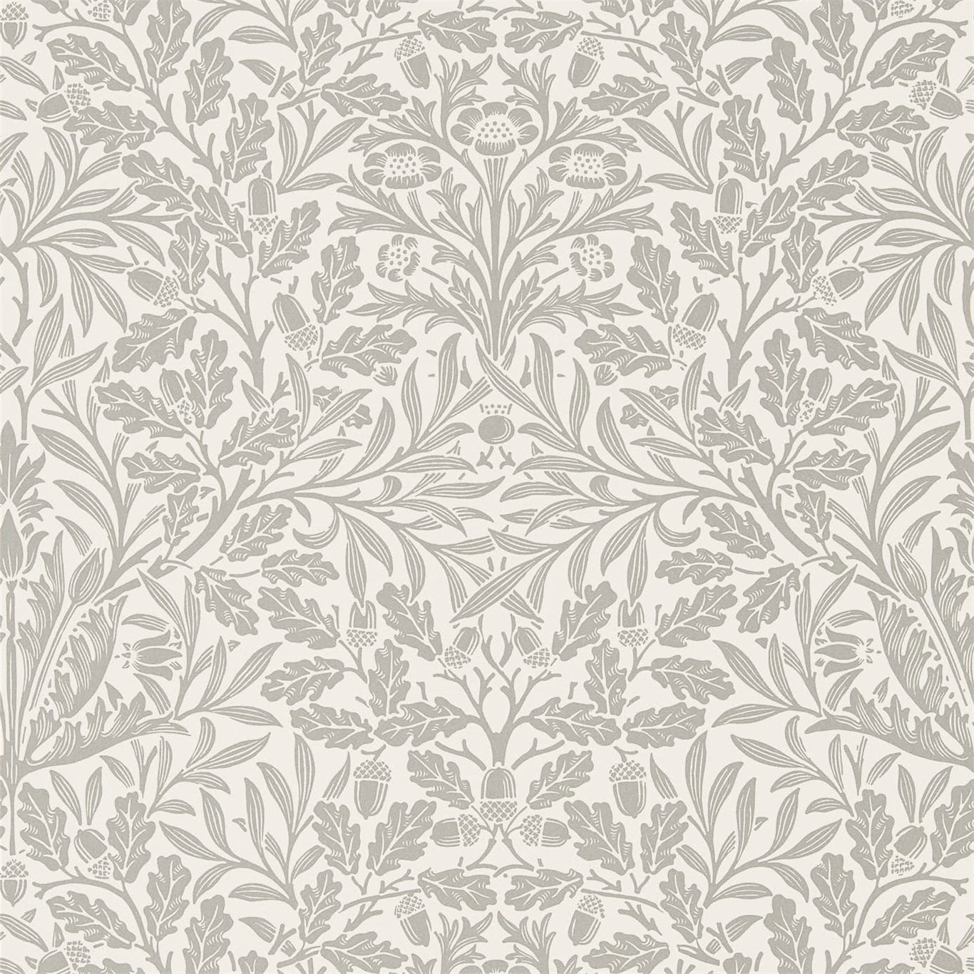 Ecru wallpaper with dense pewter acorns, flowers, leaves and scrolling botanical stems