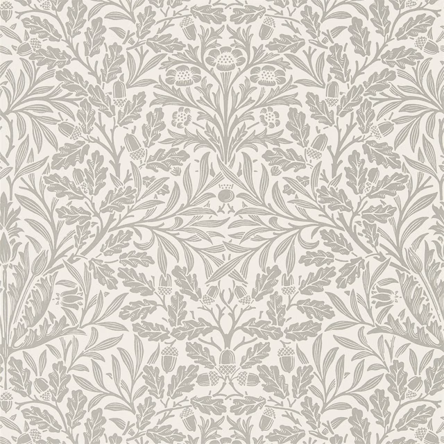 Ecru wallpaper with dense pewter acorns, flowers, leaves and scrolling botanical stems