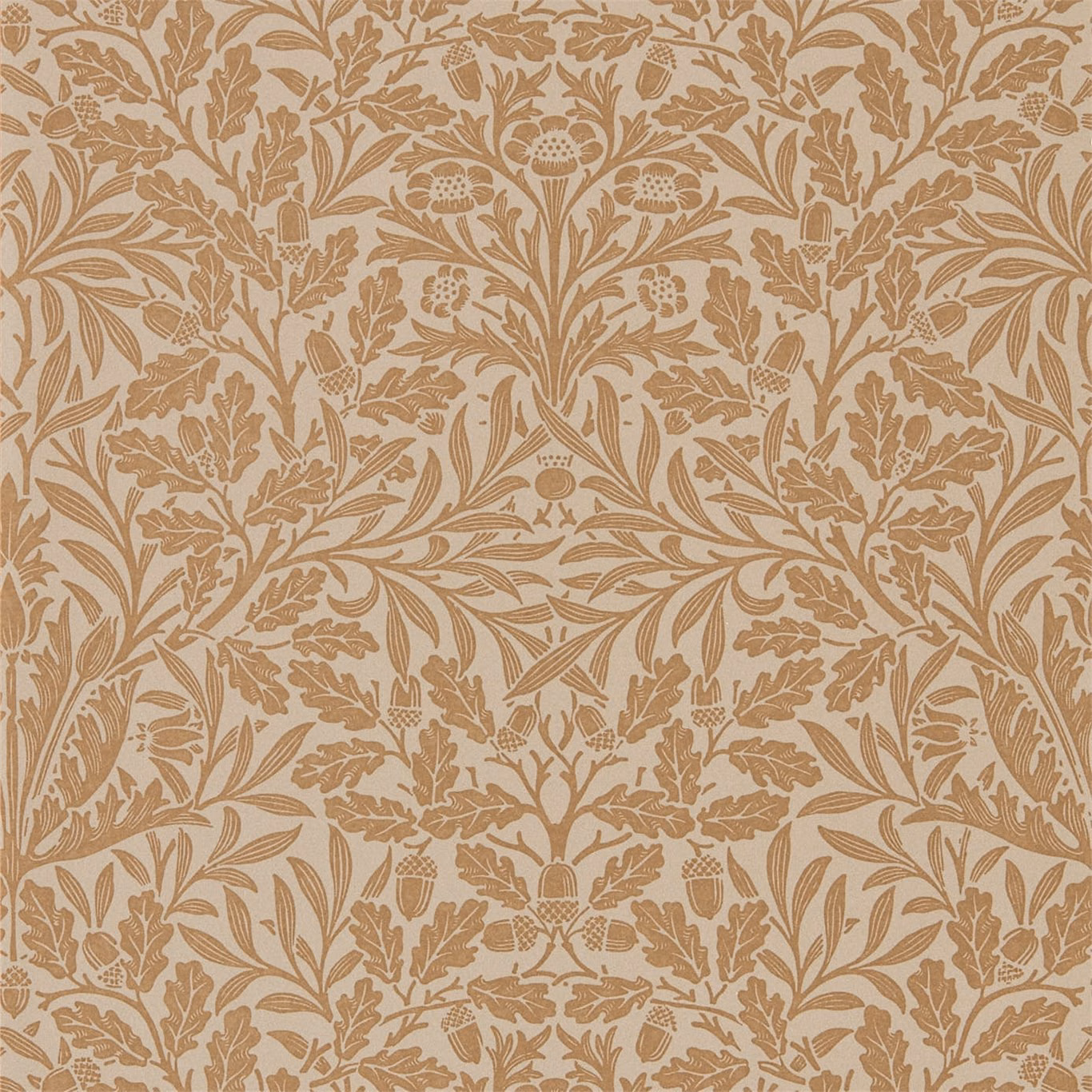Warm gilver wallpaper with dense copper botanical stems, acorns, leaves and stylised flowers