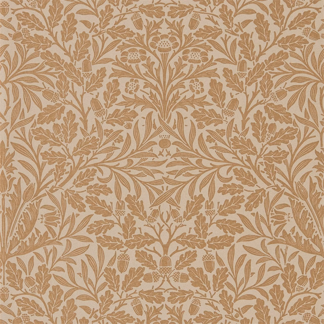 Warm gilver wallpaper with dense copper botanical stems, acorns, leaves and stylised flowers