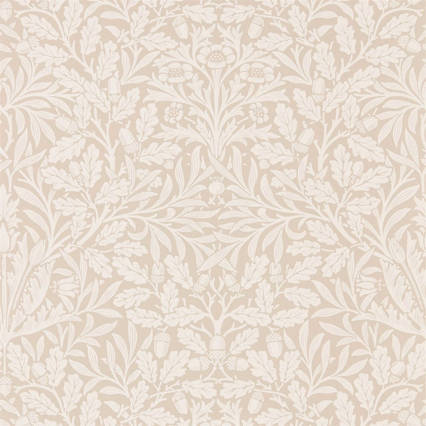 Warm linen-beige wallpaper with ecru acorns, oak leaves and curling stems