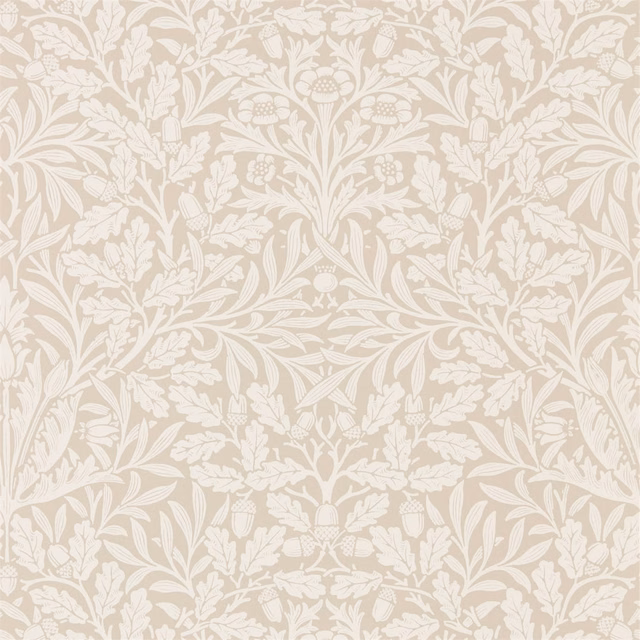 Warm linen-beige wallpaper with ecru acorns, oak leaves and curling stems