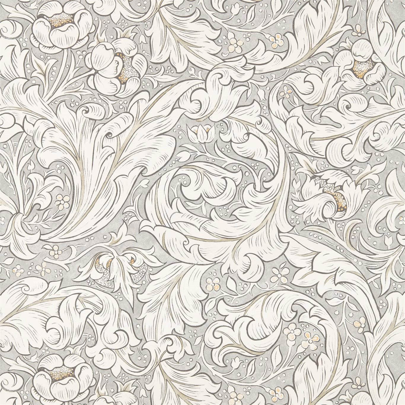 Cool stone-grey wallpaper with cream botanical scrolls, blossoms and fine engraved outlines
