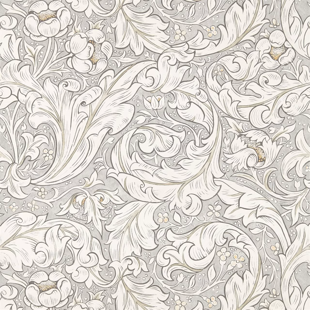 Cool stone-grey wallpaper with cream botanical scrolls, blossoms and fine engraved outlines