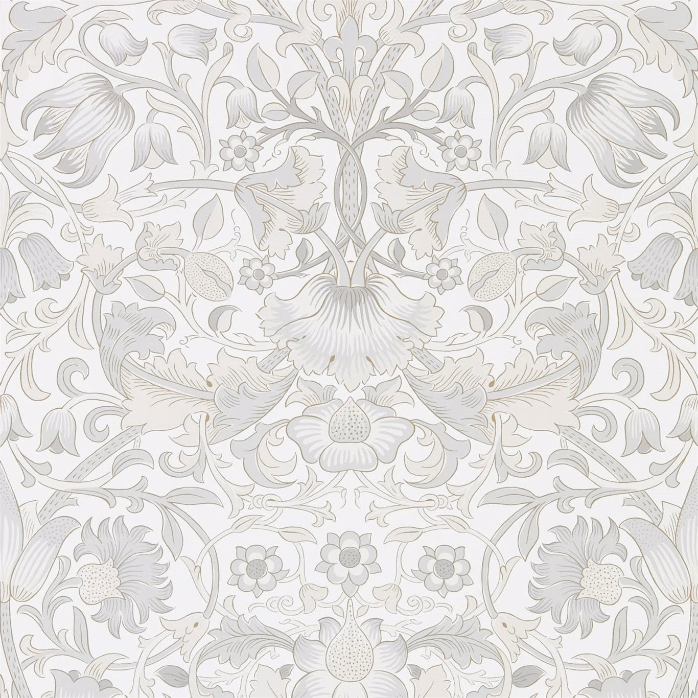 Pale eggshell wallpaper with delicate grey Morris floral and scrolling foliage motif