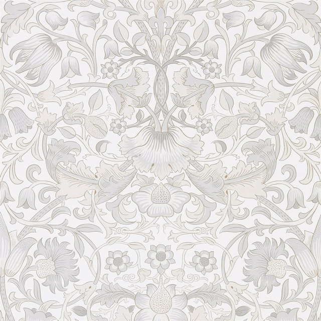 Pale eggshell wallpaper with delicate grey Morris floral and scrolling foliage motif