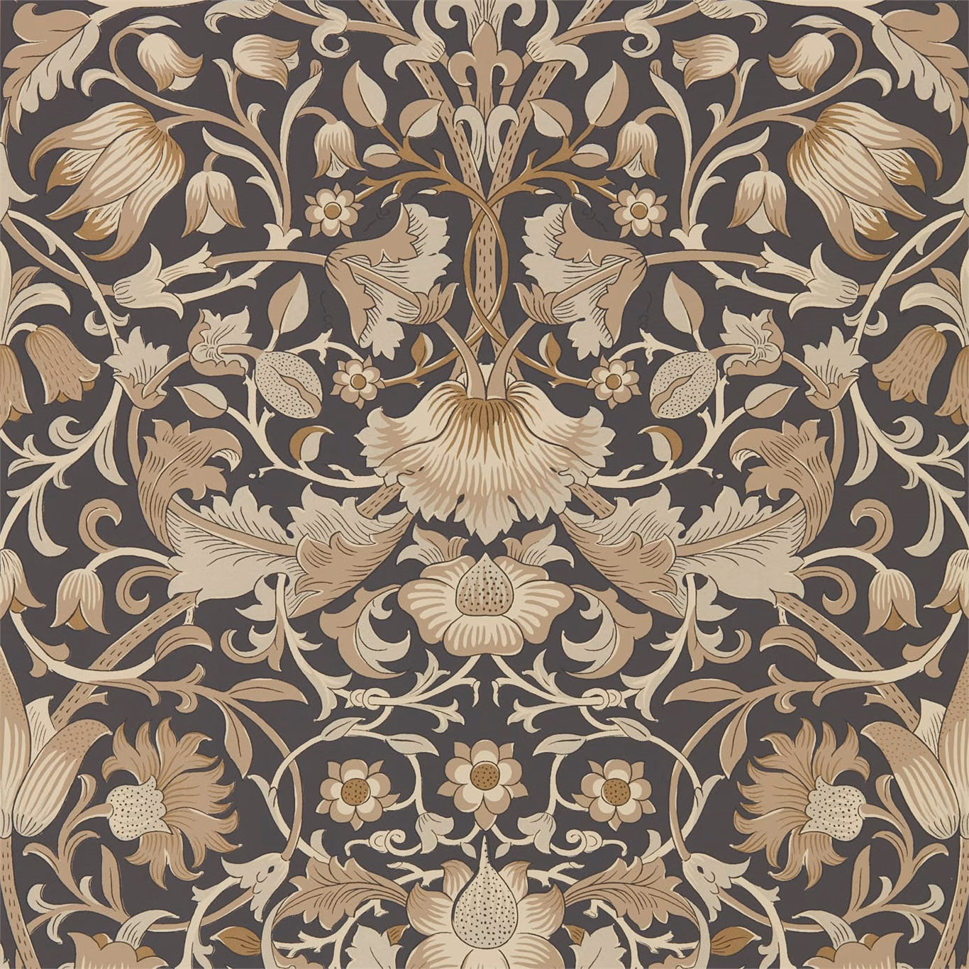 Charcoal wallpaper with muted gold Morris botanical flowers and scrolling foliage