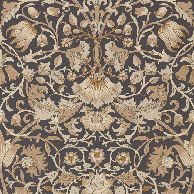Charcoal wallpaper with muted gold Morris botanical flowers and scrolling foliage
