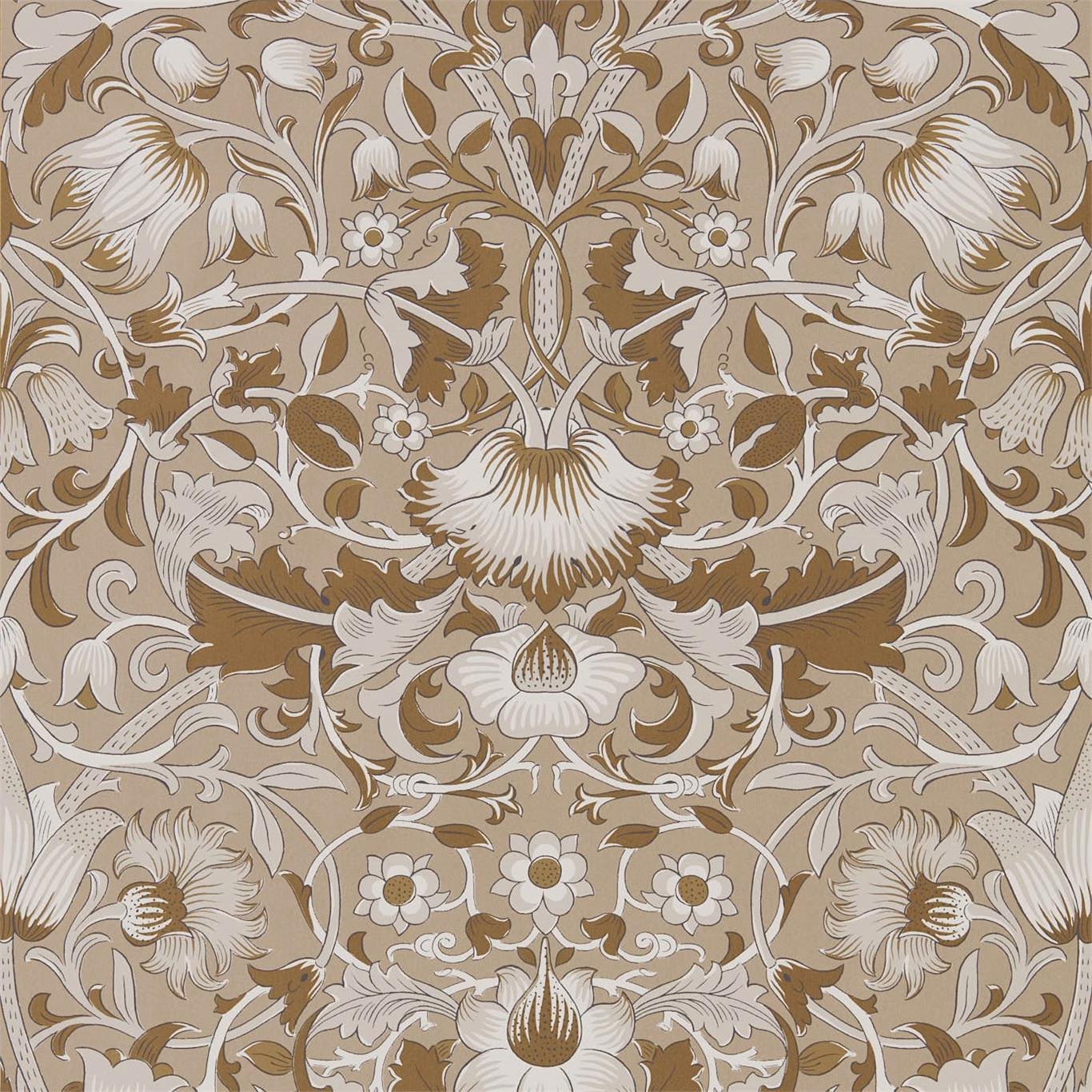 Taupe wallpaper with cream bell flowers, ornate leaves and muted gold botanical detailing