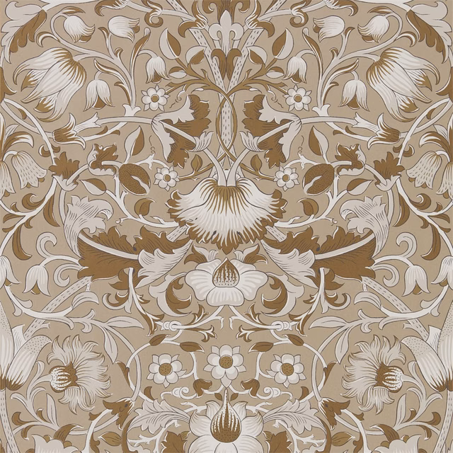 Taupe wallpaper with cream bell flowers, ornate leaves and muted gold botanical detailing