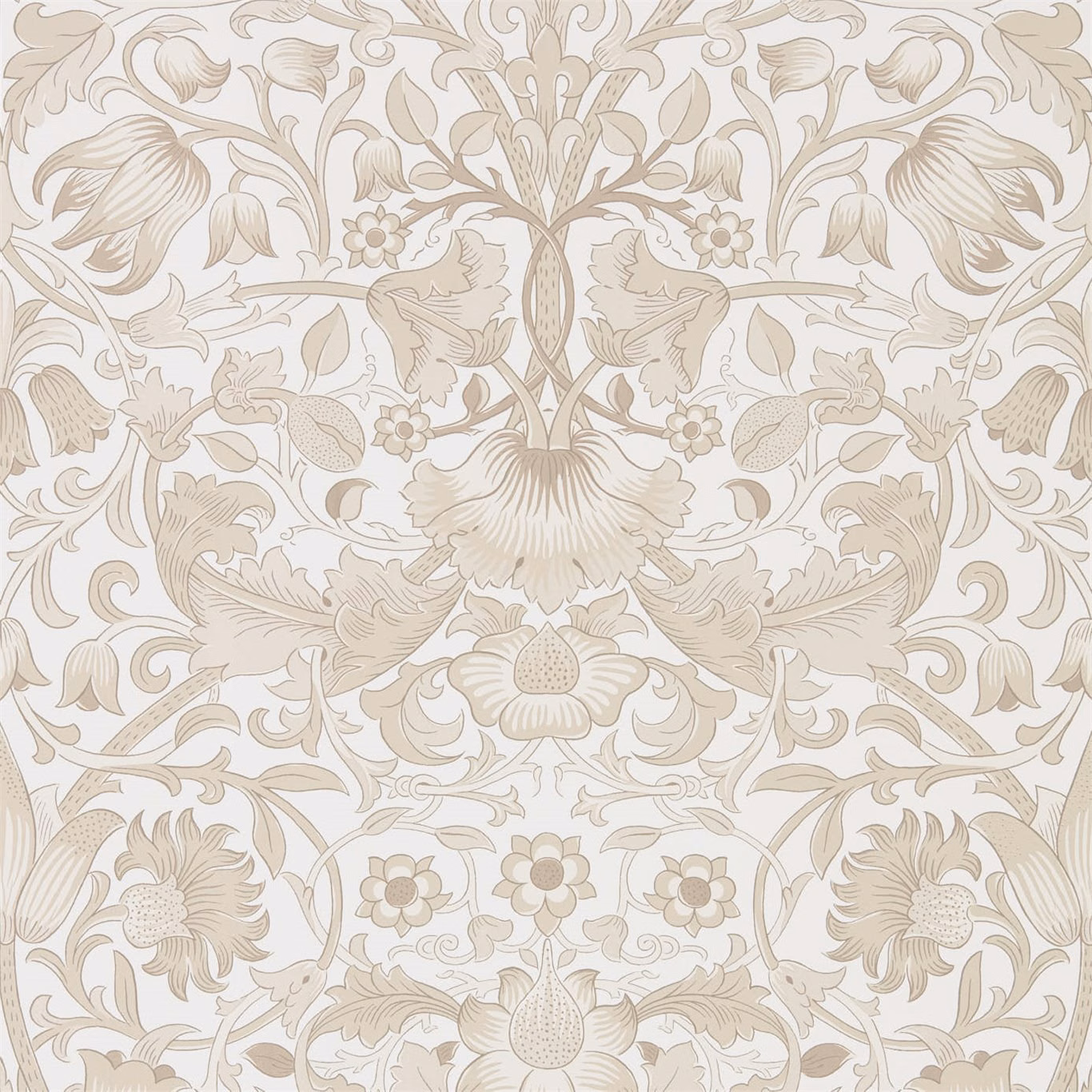 Ivory wallpaper with linen-beige Morris botanical flowers, leaves and scrolling stems