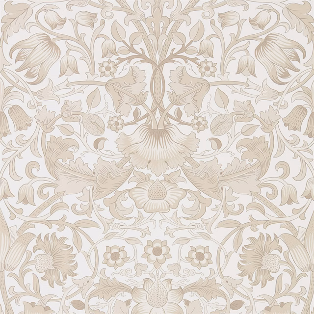 Ivory wallpaper with linen-beige Morris botanical flowers, leaves and scrolling stems