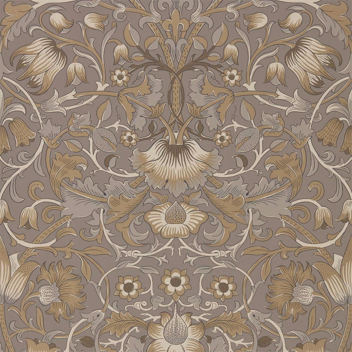 Taupe wallpaper with gilded scrolling flowers, bell blooms and pale botanical details