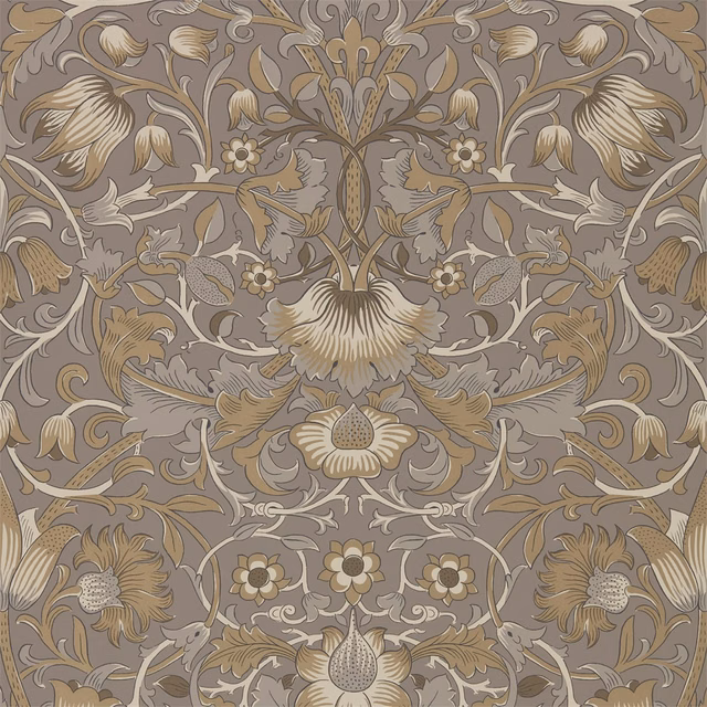 Taupe wallpaper with gilded scrolling flowers, bell blooms and pale botanical details