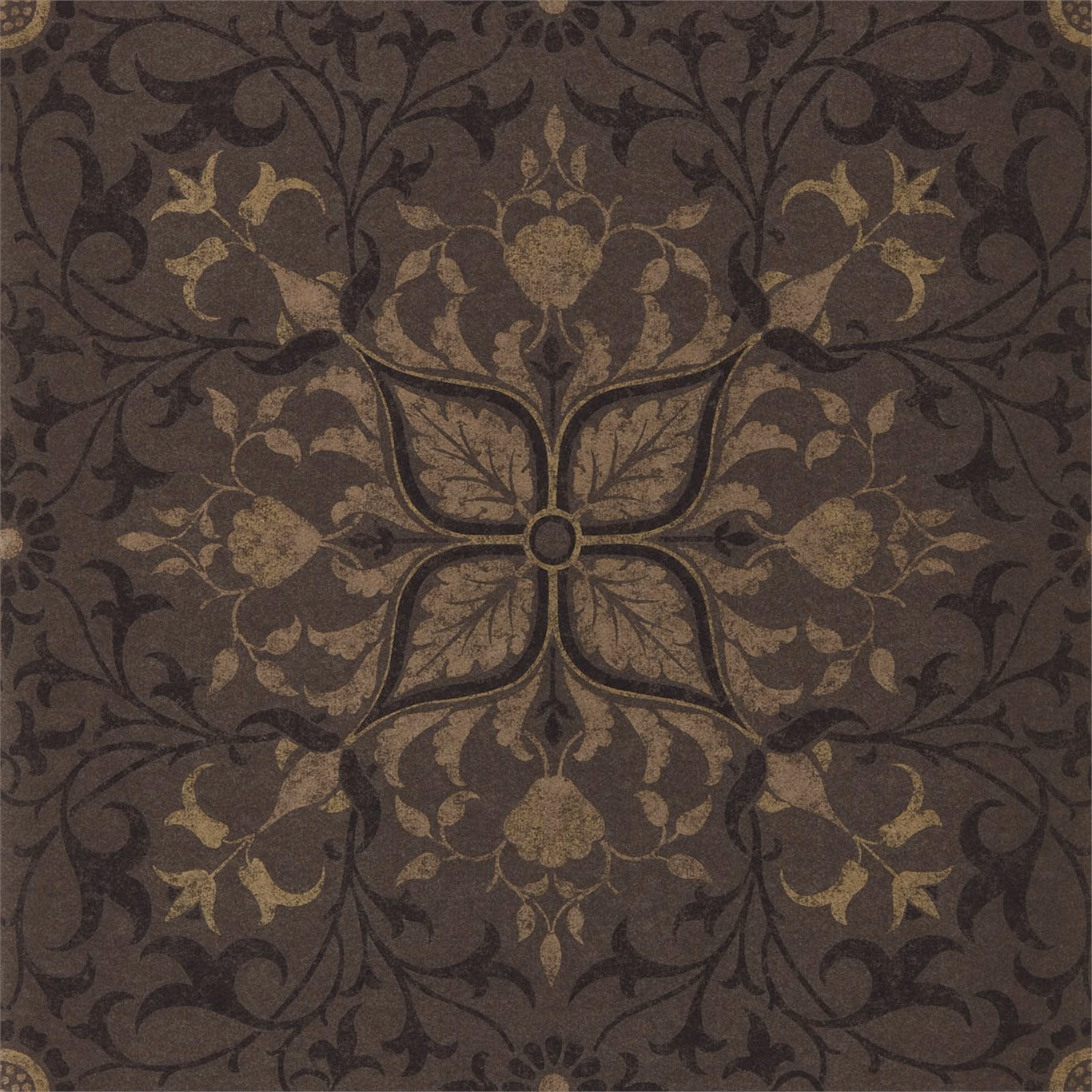 Charcoal wallpaper with muted gold floral medallion and scrolling foliage