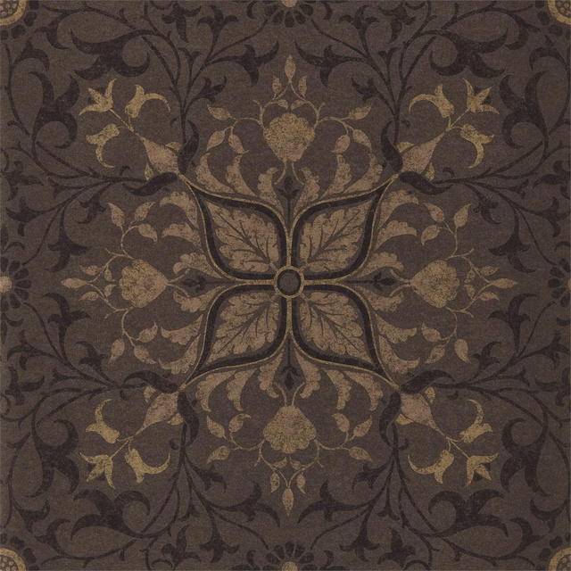 Charcoal wallpaper with muted gold floral medallion and scrolling foliage