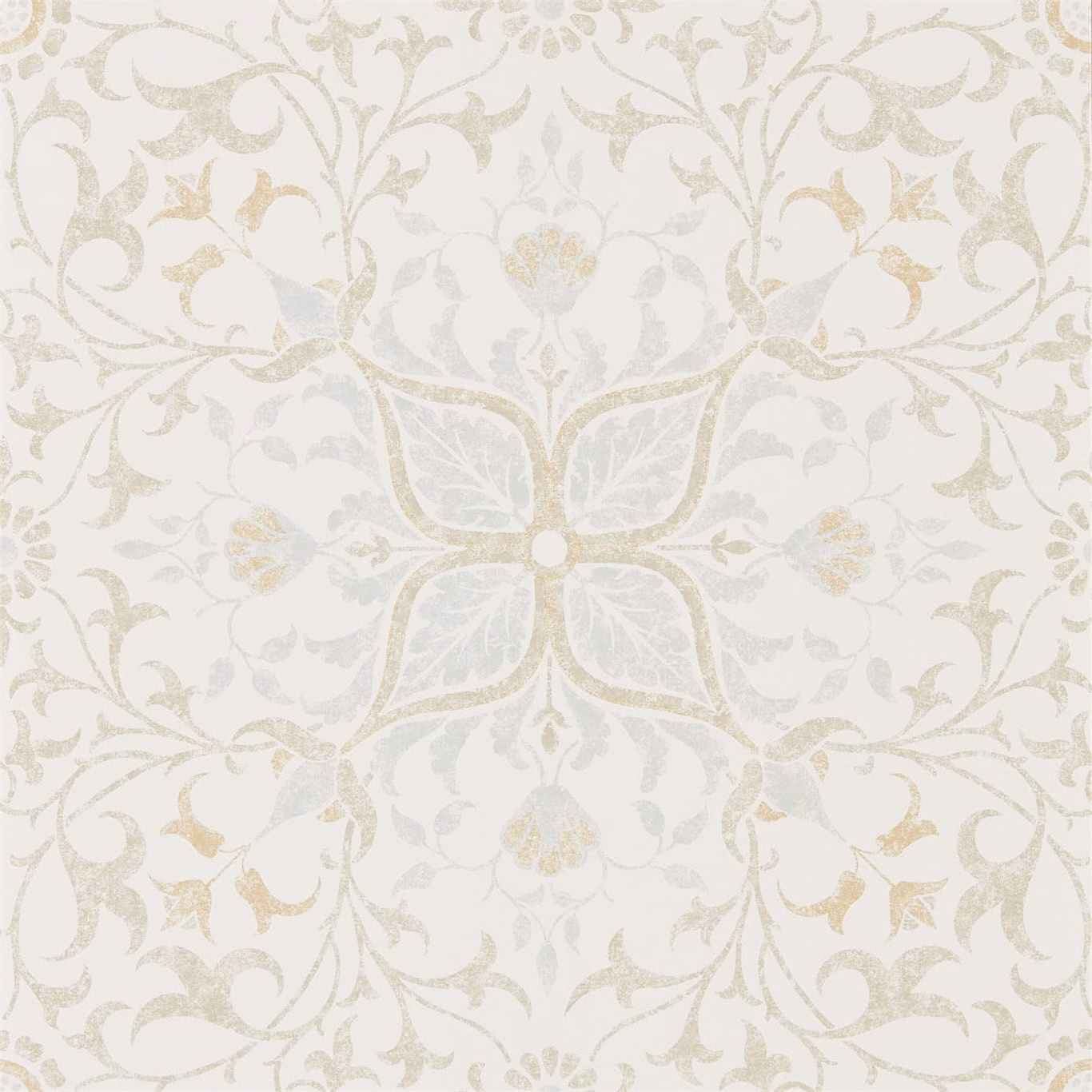 Pale eggshell wallpaper with a cream floral medallion and taupe scrolling vines