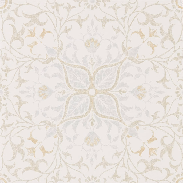 Pale eggshell wallpaper with a cream floral medallion and taupe scrolling vines