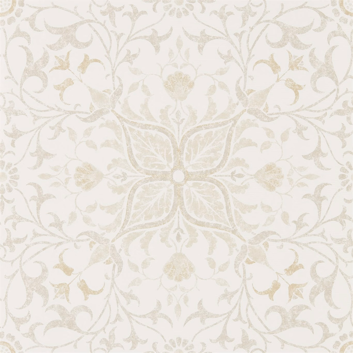 Warm ecru wallpaper with pale linen botanical scrolls and central floral medallion