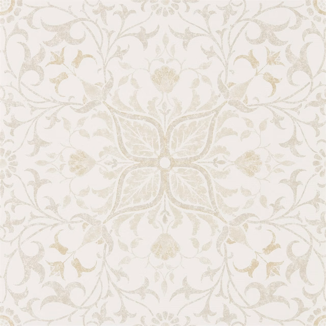 Warm ecru wallpaper with pale linen botanical scrolls and central floral medallion