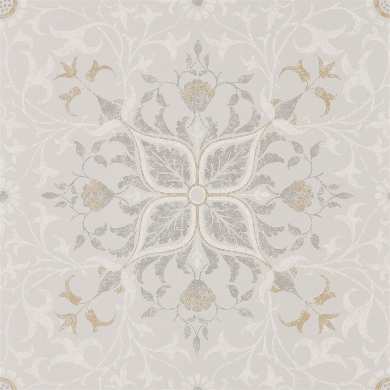 Pale stone-grey wallpaper with chalk scrolls, silver foliage and muted gold floral medallion