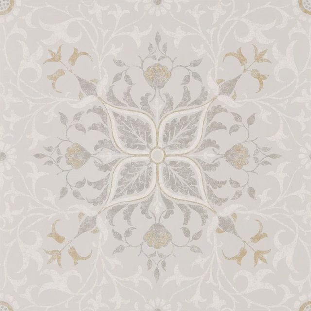 Pale stone-grey wallpaper with chalk scrolls, silver foliage and muted gold floral medallion