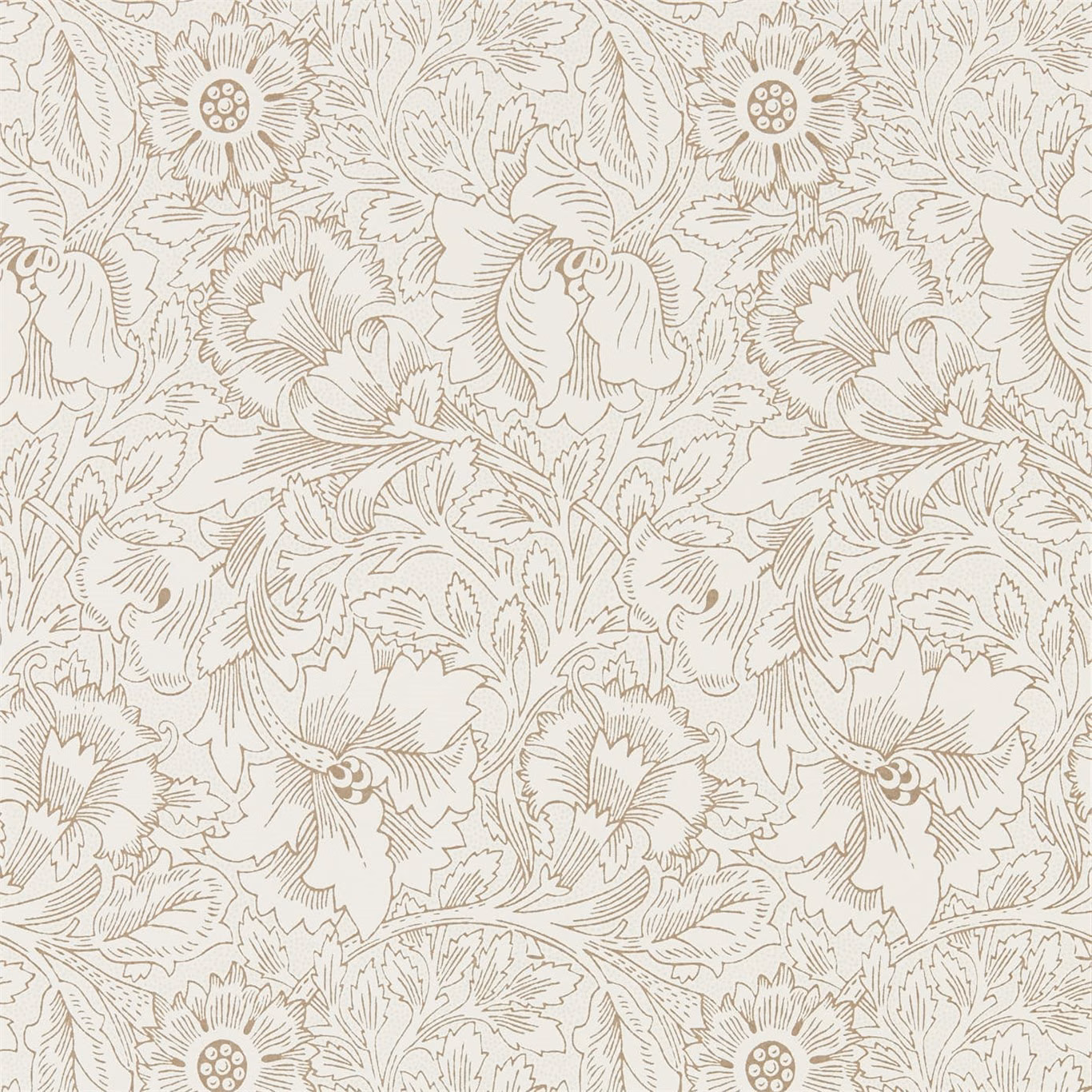 Cream wallpaper with fine muted-gold poppy, leaf and stem outlines